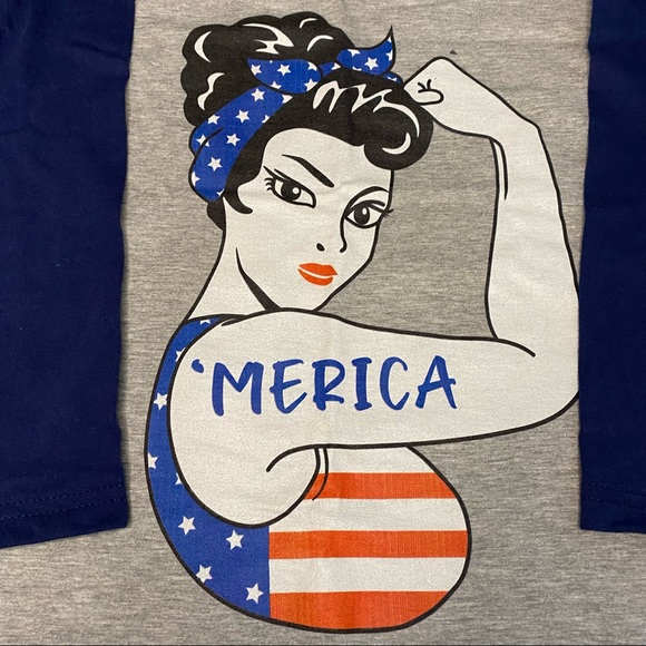 4th of July Rosie the Riveter ‘Merica T-Shirt Raglan Sleeve Small - Picture 2 of 6